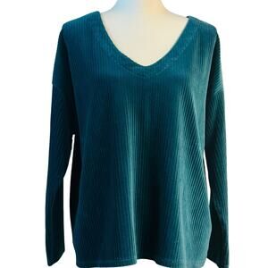 J. Jill Velvet Ribbed V-Neck Long Sleeve Pullover Sweater Women L Dark Teal Blue
